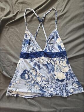 Linea Donatella Blue Floral Lace Trim Cami Top Size M
